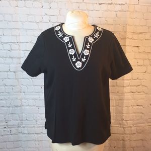 Cathy Daniels Black Short Sleeve Top Shirt Embroidered Floral White Detail Large